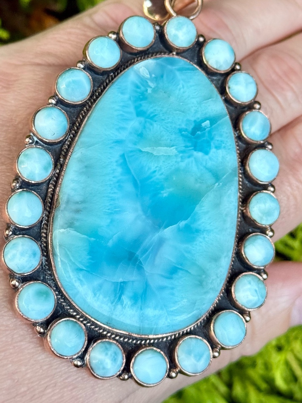 NL54 Genuine Dominican Larimar GIANT Oval Cluster Rose Gold Tone UNIQUE Pendant